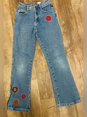 Vintage RVT Blue Denim Jeans with Red & Brown Flower Patches
